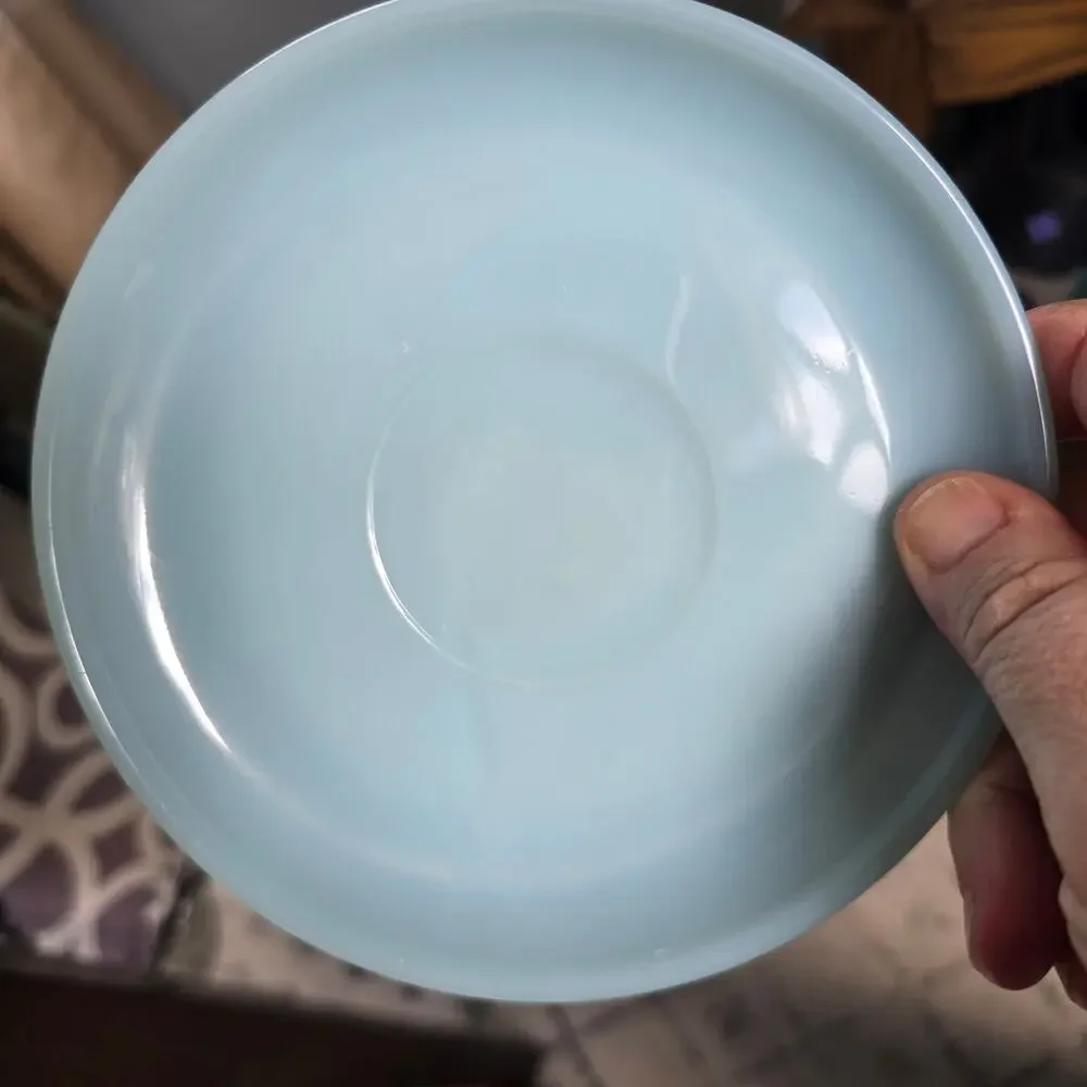 Vintage Fire King Cups Saucers Turquoise Milk Glass Limited 1956-58 Mid Century